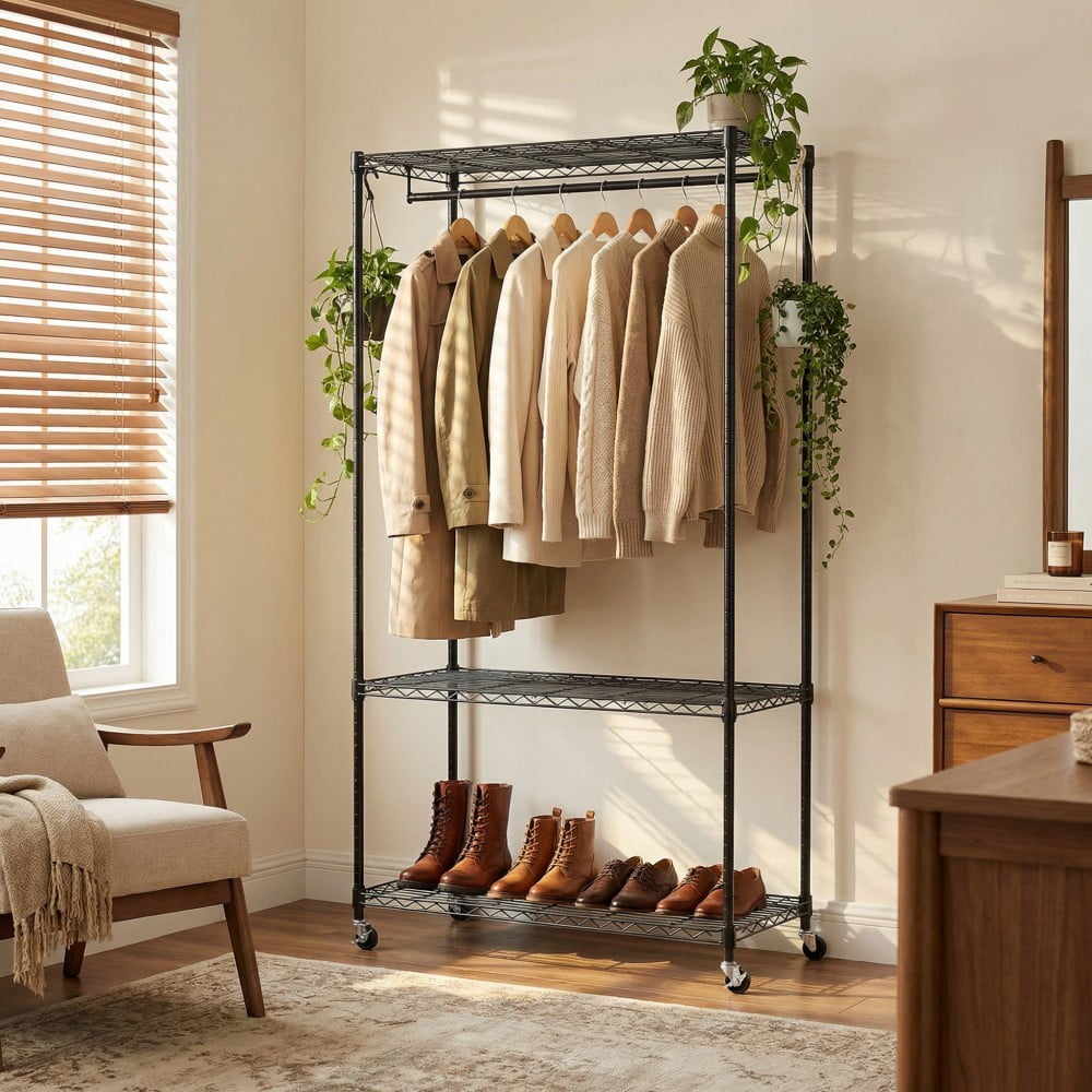 Rolling Clothes Rack, Heavy Duty Garment Rack with 3-Tier Wire Shelves & Hanging Rod, Freestanding Closet Organizer with 360° Wheels, Black