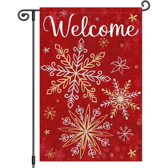 Christmas Welcome Garden Flag 12x18 Inch Red Snowflake Double Sided Burlap Winter Farmhouse Yard Decor