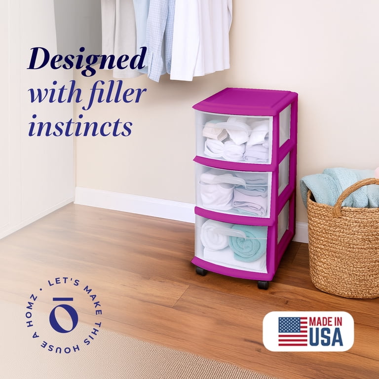 Homz, Storage Cart Organizer, Purple, 3-Drawer with Removable