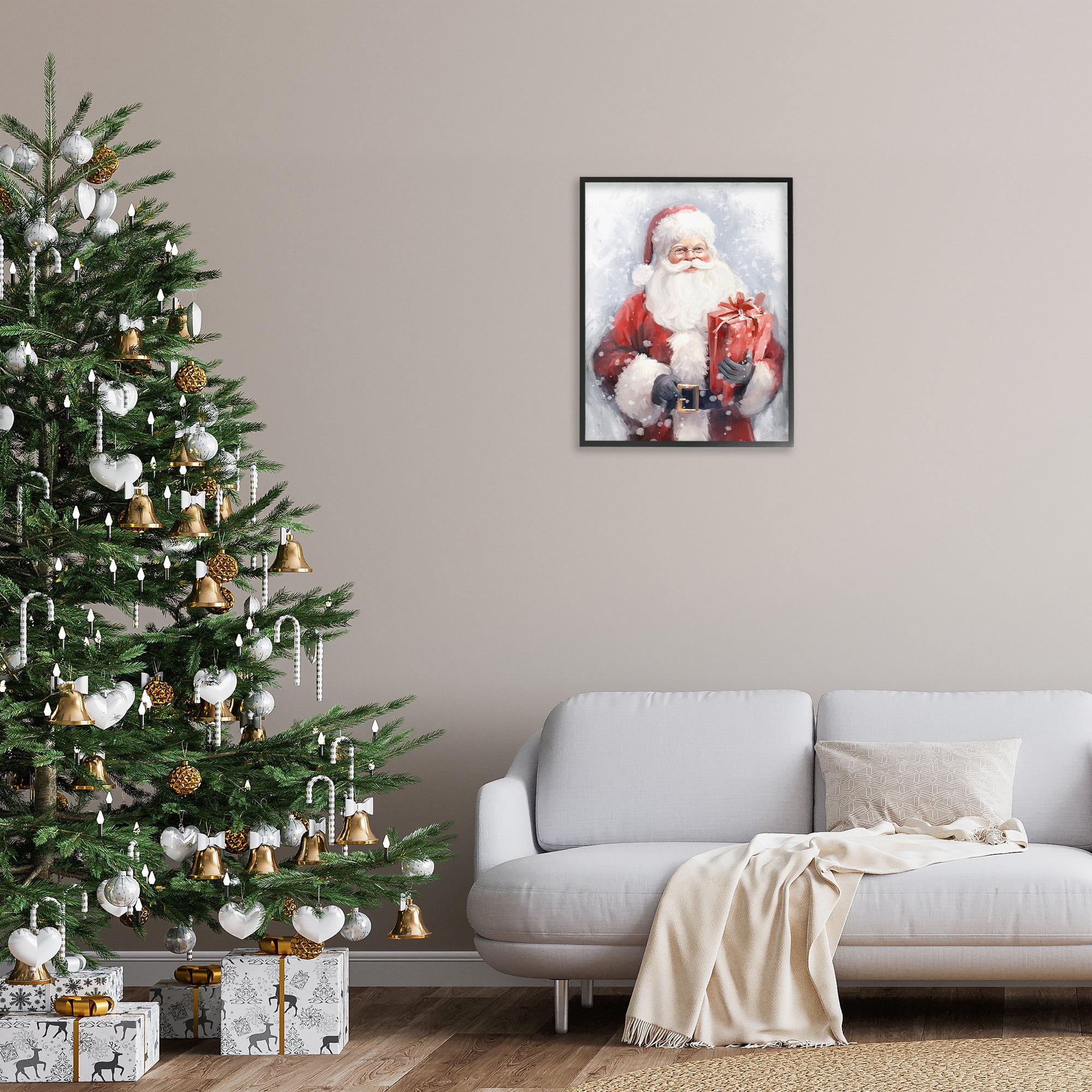 Stupell Industries Santa with Red Gift Holiday Painting Black Framed Art Print Wall Art, 24 x 30