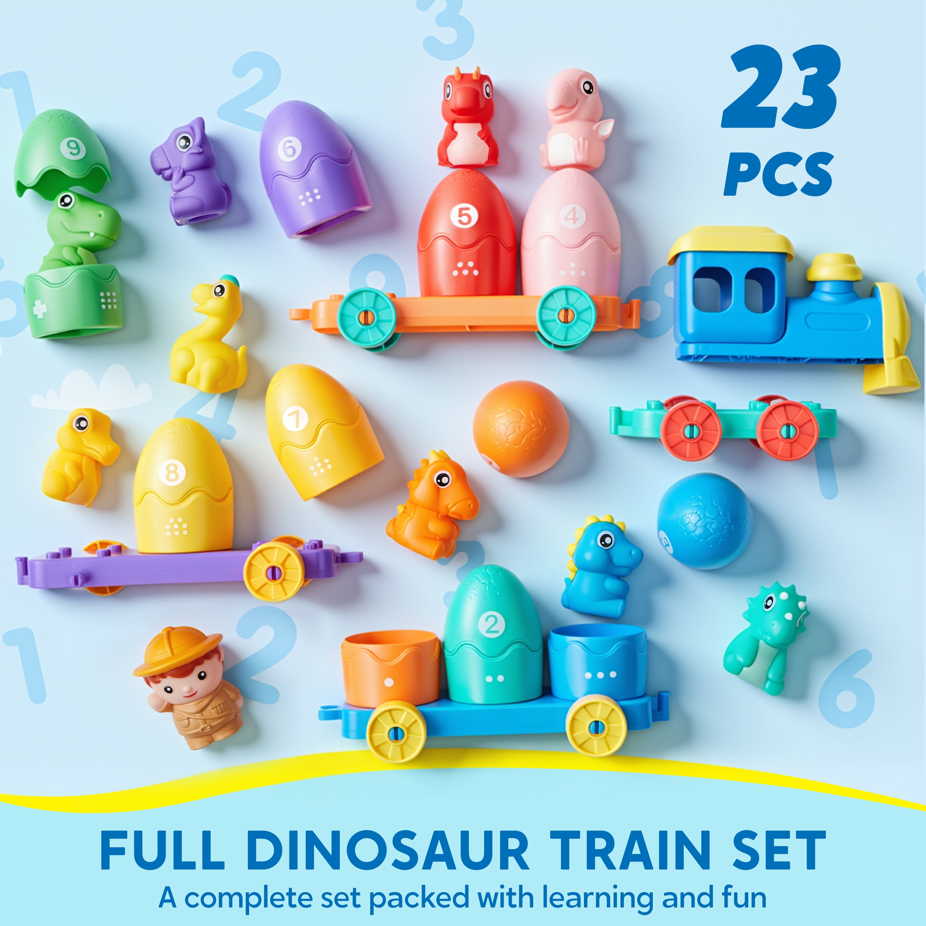 Joyfy Montessori Learning Toys for Toddlers 1-3, Dinosaur Number Train, Counting, Matching & Sorting Toy, Christmas Birthday Gift for Baby Boys Girls