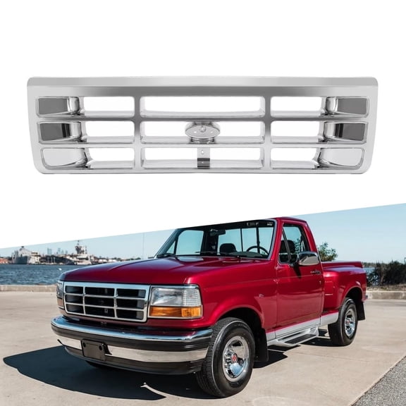 ONEPI Chrome Front Grill Compatible with Ford Bronco/ F150/ F250/ F350 1992 1993 1994 1995 1996 1997 Models, No Emblem