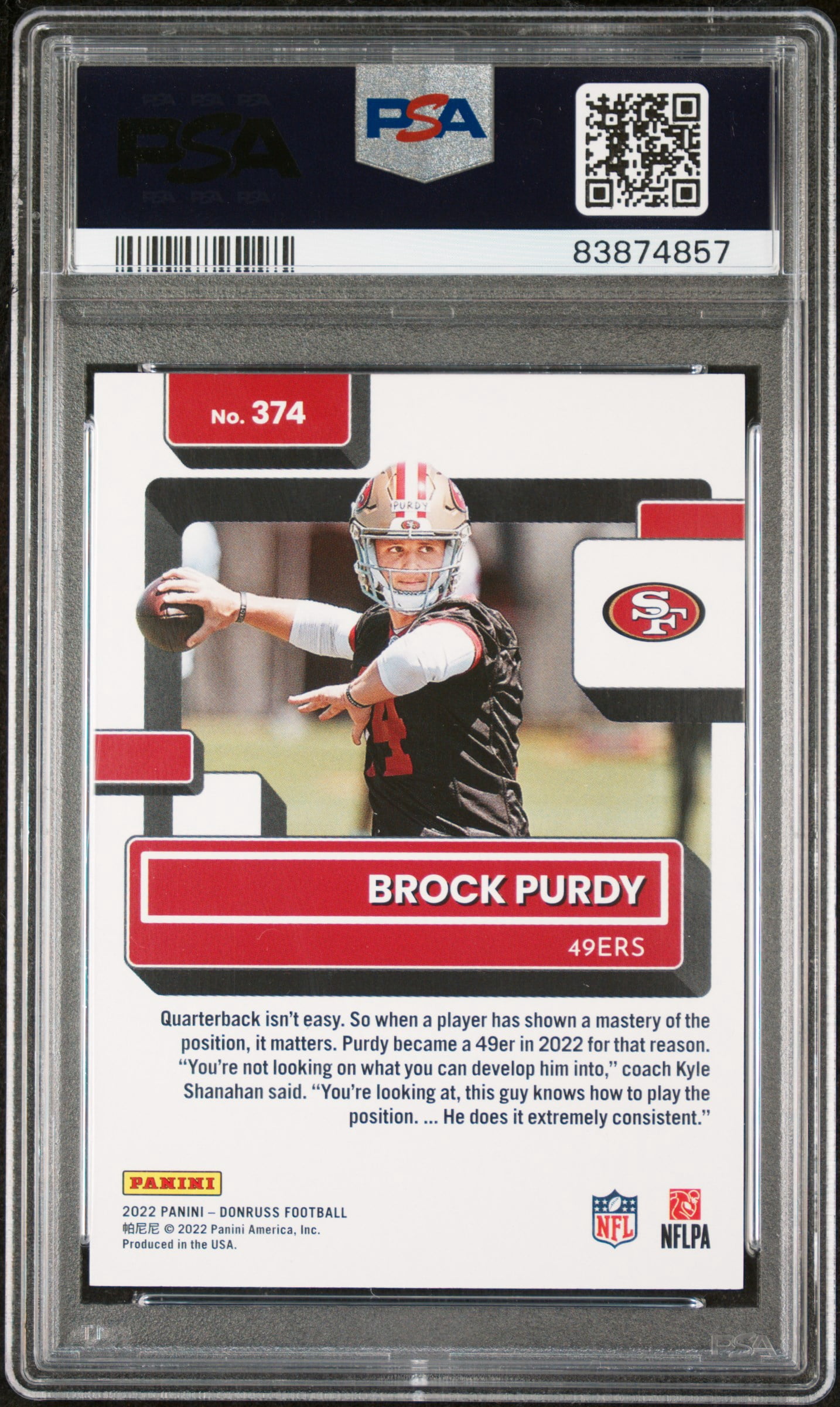Brock Purdy 2022 Donruss Rated Rookie Football Card #374 Graded PSA 10 Cert 83874857
