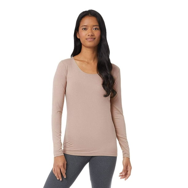 32 DEgREES Womens Lightweight Baselayer Scoop Top Long Sleeve Form Fitting  4-Way Stretch Thermal, Sandstone Heather, X-Large 