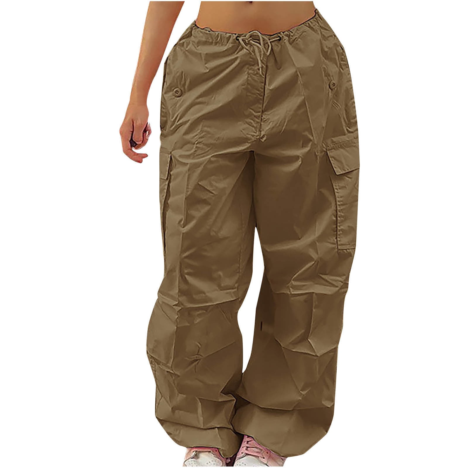 QYANGG Baggy Parachute Pants for Women& Girls Drawstring Elastic Low Waist  Ruched Cargo Pants Multiple Pockets Jogger Y2K