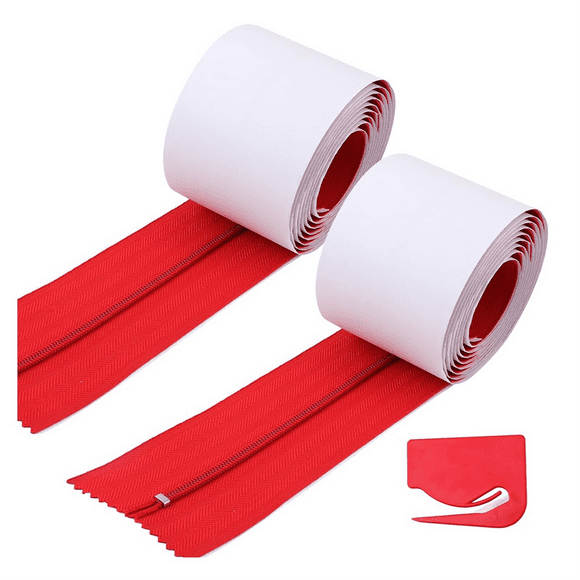 2pcs Dust Barrier Zipper,Instant Door Dust Protection Self-Adhesive Tarp Double Zipper Blade Construction Red