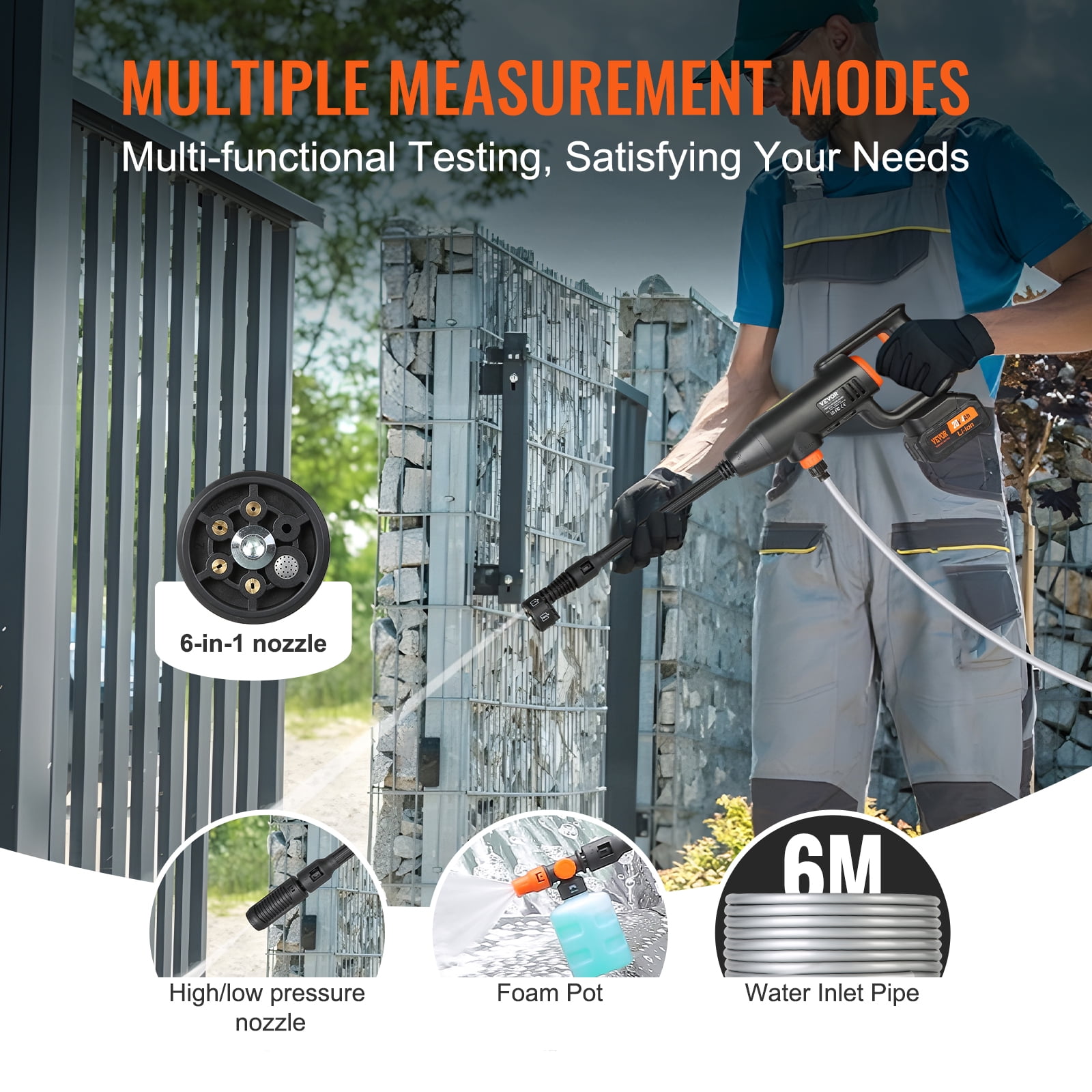 VEVOR Cordless Pressure Washer, 580-PSI 1.1 GPM Portable Power Cleaner, Handheld High-Pressure Car Washer Gun with 4.0Ah Battery, Charger, 6-in-1 Nozzle, for Home/Floor Cleaning & Watering