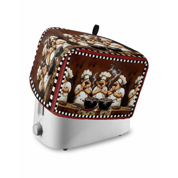 Fsddascl Fat Chef Toaster Cover 4 Slice, Large Kitchen Appliance Covers, Cartoon Vintage Black Check Plaid Toaster Oven Cover with Loop, Bread Machine Cover Polyester Dust Cover Protection