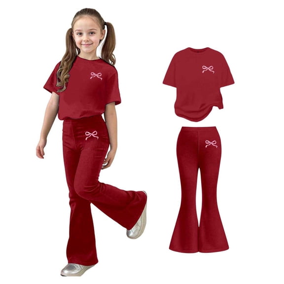 Teen Girls 2 Piece Outfits Short Sleeve Bow T-Shirt Top and Flared Pants Set Summer Clothes Girl Outfits Size 11-12 Years