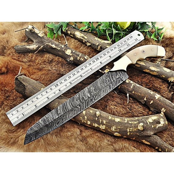 13 Inches long custom made Damascus steel full tang 9" blade kitchen Knife, Camel bone 4" scale with brass bolster