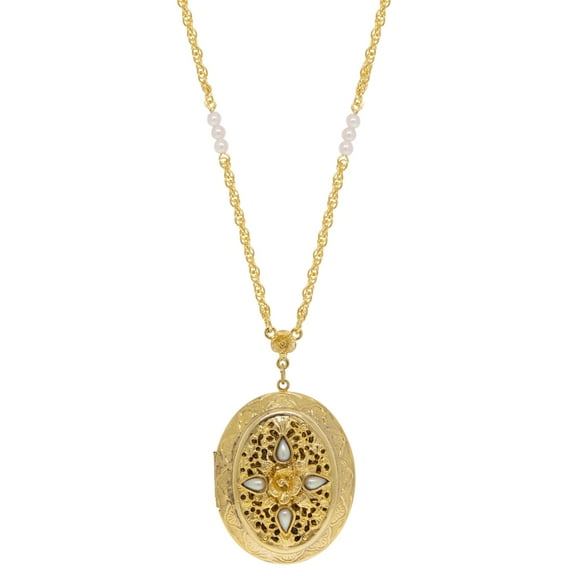 1928 Jewelry Oval Flower Faux Pearl Locket Necklace with Gold Dipped Chain, 30 in (Women's)
