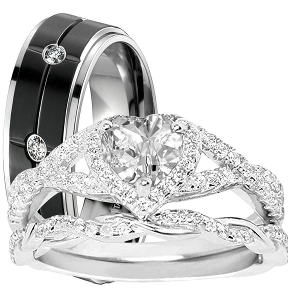 LaRaso Co His Her CZ Wedding Ring Set 3 Piece TRIO Silver Black Titanium Couples Bands 10 10