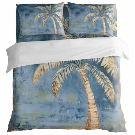 Palm Tree Duvet Cover Set King Size Summer Tropical Plant Botanical Abstract Blue 4 Piece Bedding Set with Zipper Closure & Corner Ties Soft Breathable Comforter Cover for Bedroom