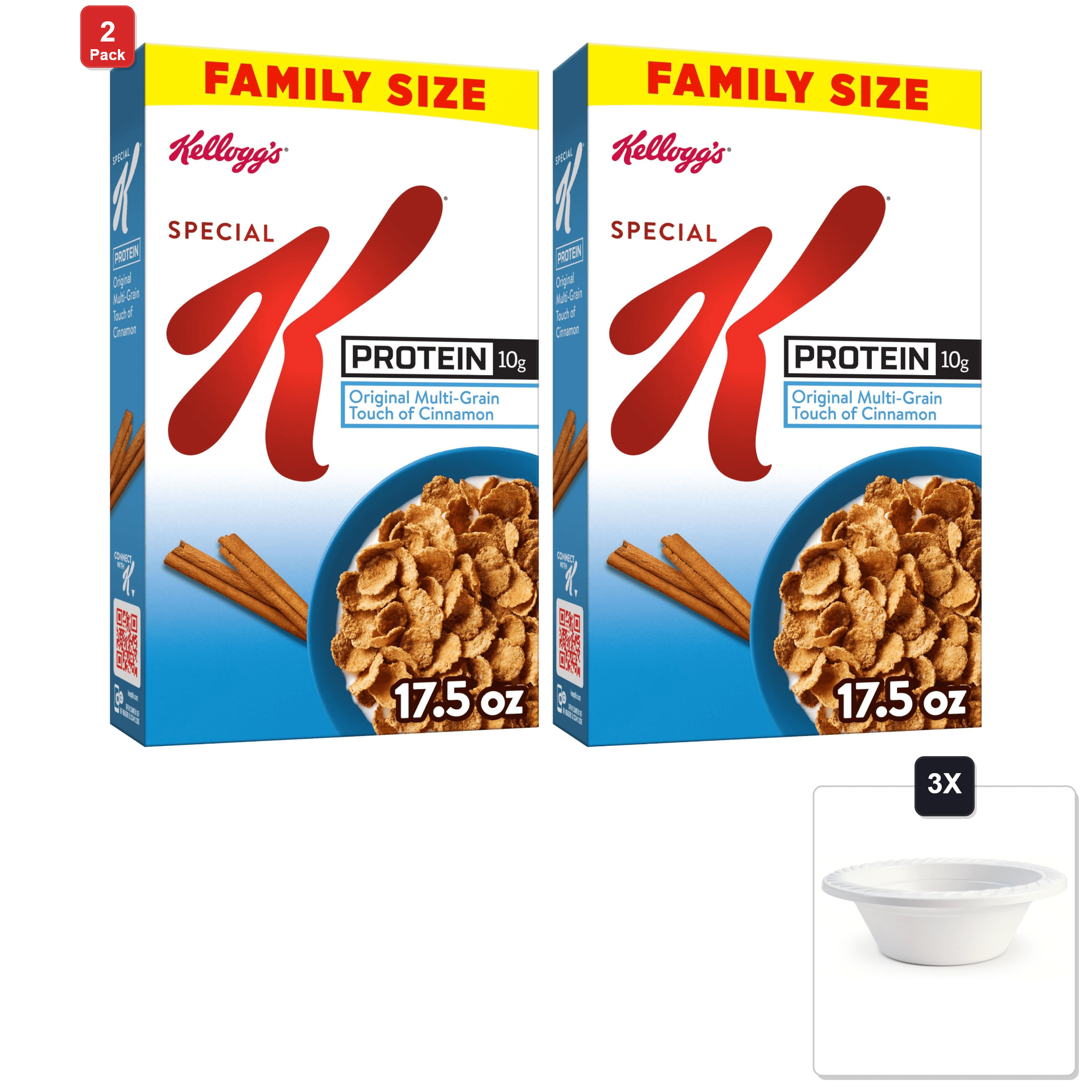 2 Pack | Kelloggs Special K Protein Breakfast Cereal, Protein Cereal, Family Size, Original Multi-Grain Touch Of Cinnamon, 17.5 oz & 3x 12oz Disposable Plastic Bowl