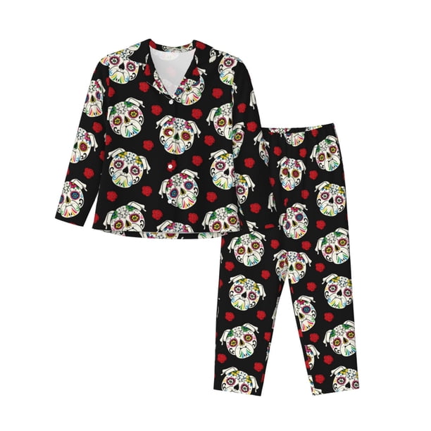 Fotbe PUG Conjunto de Pijama de Manga Larga para Mujer con Estampado, Ropa de Dormir de 2 Piezas, Conjunto de Casa Suave y Cómodo con Bolsillos-X-Large
