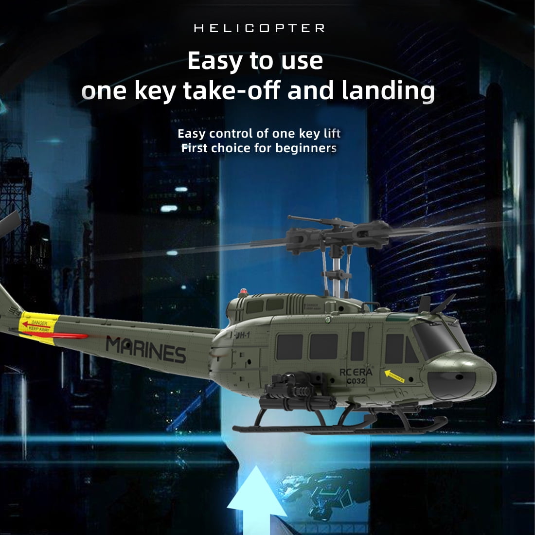 RC ERA C032 UH-1 Huey RC Helicopter, 6CH 2.4G Flybarless Helicopter with 6-Axis Gyro, Altitude Hold, 3D Inverted Flight, Optical Flow Positioning, 1/48 Scale Aircraft Model for Adults