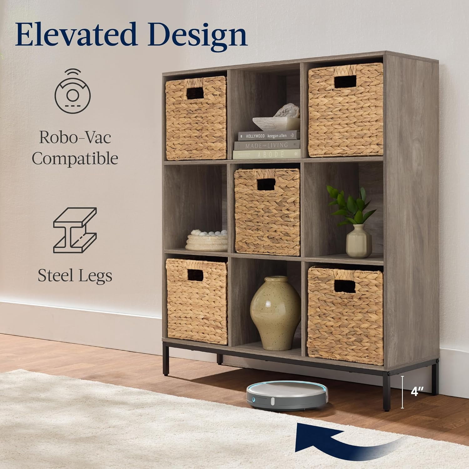 9-Cube Bookshelf, 3-Tier Wood Storage Bookcase W/Legs, 11in Shelf Opening, Cube Organizer, Living Room, Office, Nursery - Greige