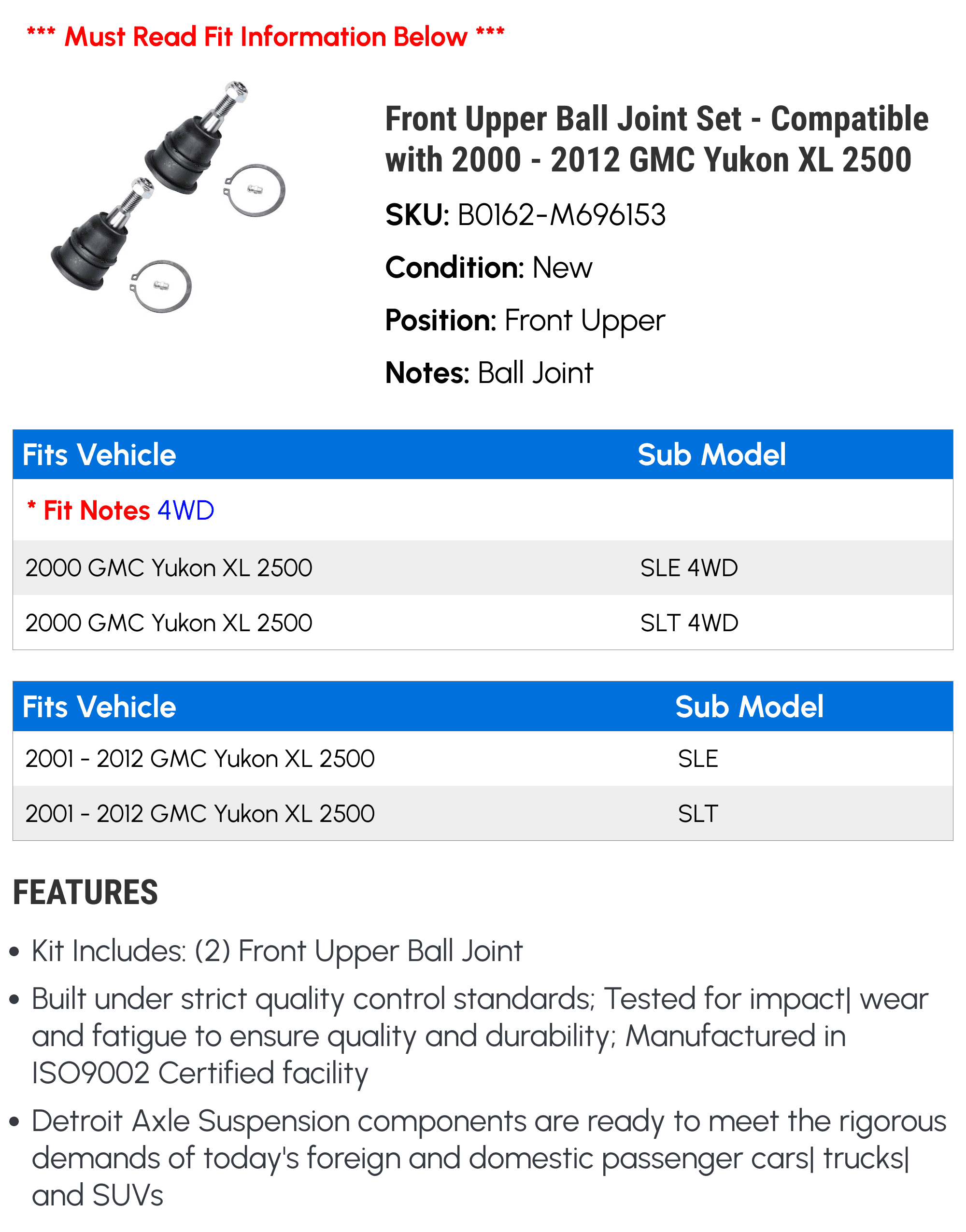 Front Upper Ball Joint Set - Compatible with 2000 - 2012 GMC Yukon XL 2500 2001 2002 2003 2004 2005 2006 2007 2008 2009 2010 2011