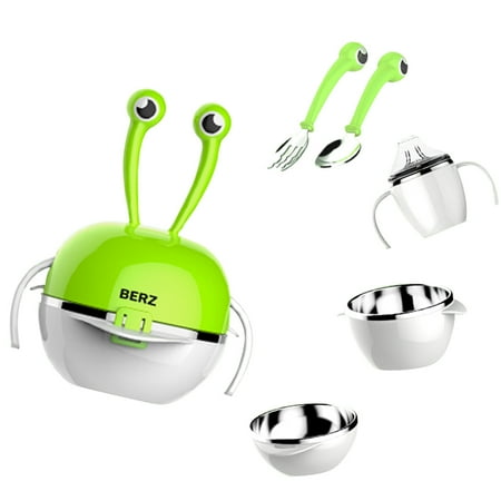 Ceramic Plate Set 5Pcs Stainless Steel Dinnerware Set Stack-up Portable Baby Tableware Kids Cups + Plates + Bowls + Fork + Spoon Green Crab ()