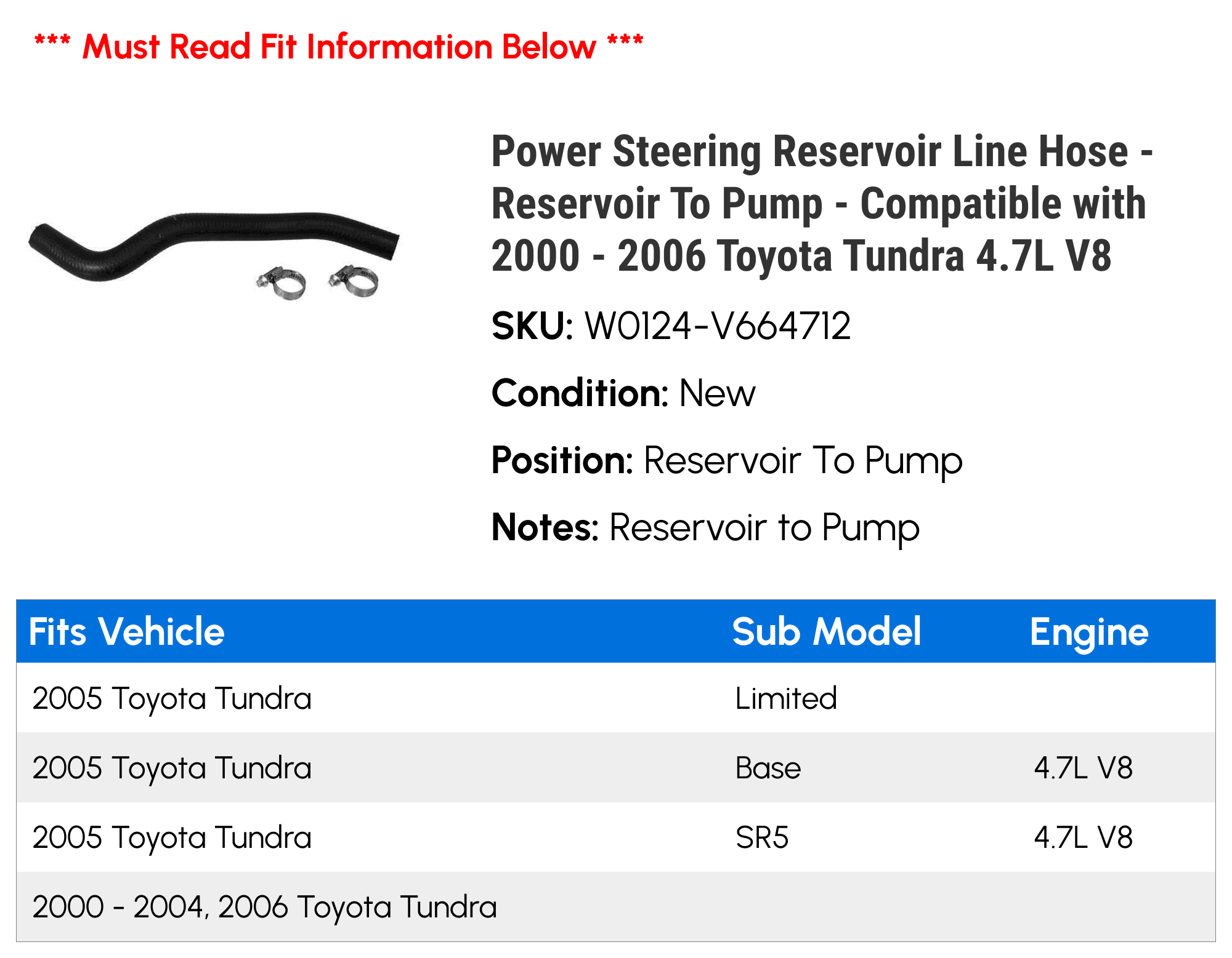 Power Steering Reservoir Line Hose - Reservoir To Pump - Compatible with 2000 - 2006 Toyota Tundra 4.7L V8 2001 2002 2003 2004 2005