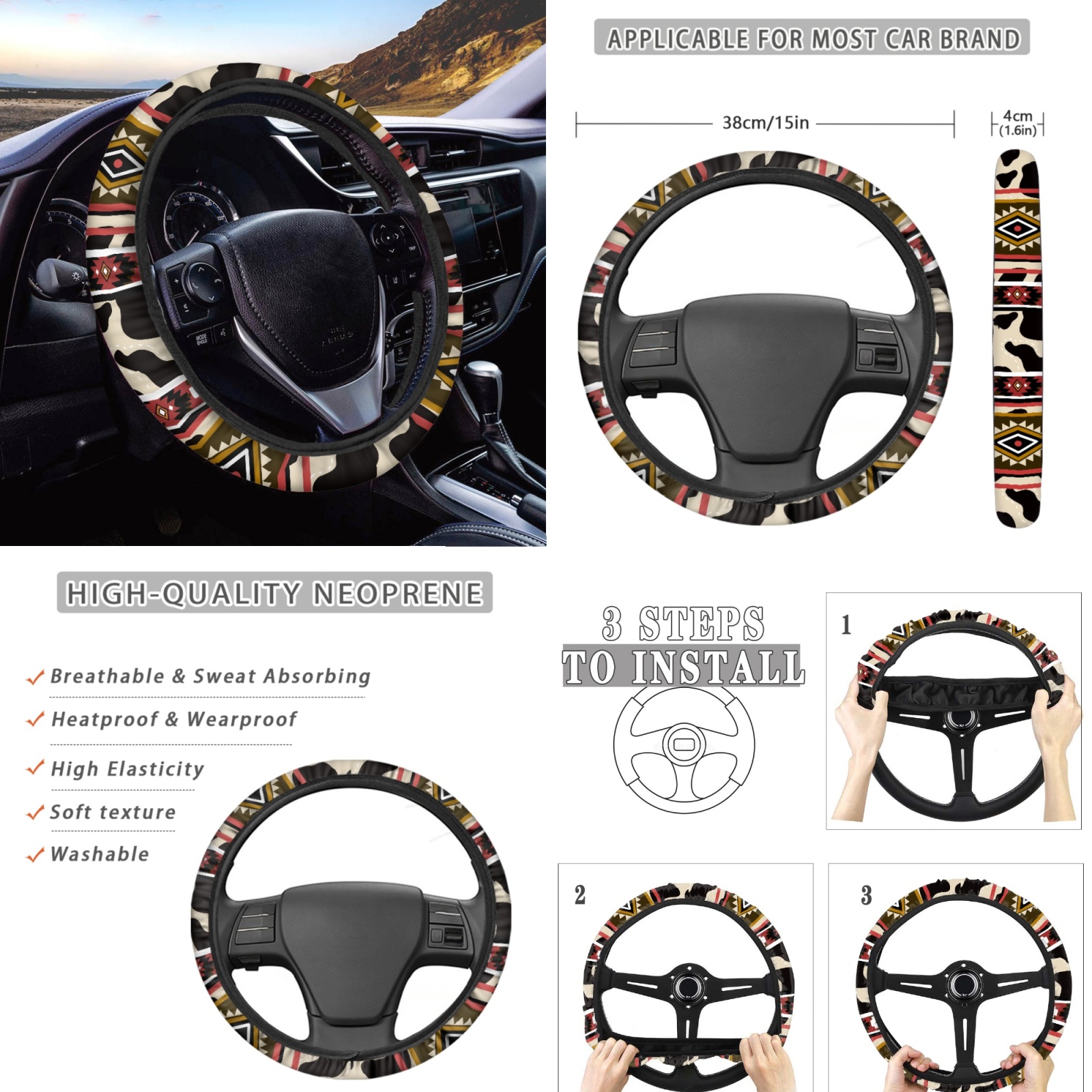 Renewold American Tribal Cow Print Red Beige 12 PCS Car Seat Covers Set for Women, Soft Steering Wheel Cover Seat Belt Pads Armrest Pad Handbrake Cover Gear Shift Cover Coasters Car Decor