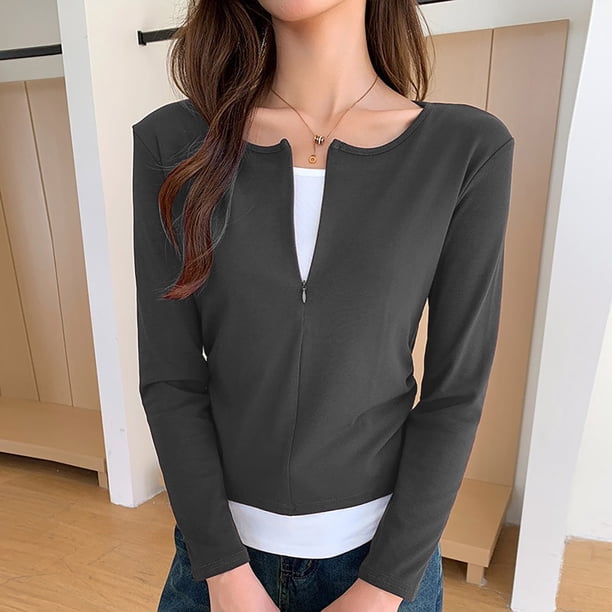 MHFRRA Camiseta de Manga Larga de Dos Piezas con Cremallera Oculta de Otoño para Una Camisa Plisada Informal. Gris Oscuro