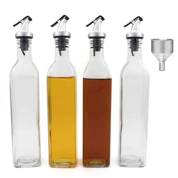 FARI Olive Oil Dispenser Bottles - 4 Pack of 17 Oz Glass Cooking Oil and Vinegar Cruet No Drip with Stainless Steel Funnel