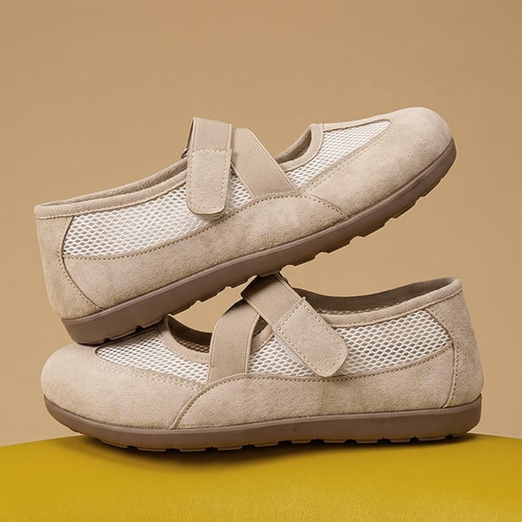 HTHLVMD Crisscross Mesh Mary Jane Flats, Hook‑And‑Loop Casual Shoes, Versatile Sports Mary Jane Women's Shoes, Casual Breathable Hollow Mesh Thin Sole Ballet Style Women's Shoes, Beige 5.5