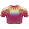 thumbnail image 2 of TiaoBug Kids Girls Shiny Metallic Short Sleeve Crew Neck Tee Shirt Hip Hop Jazz Ballet Dance Crop Top Red 7-8, 2 of 7