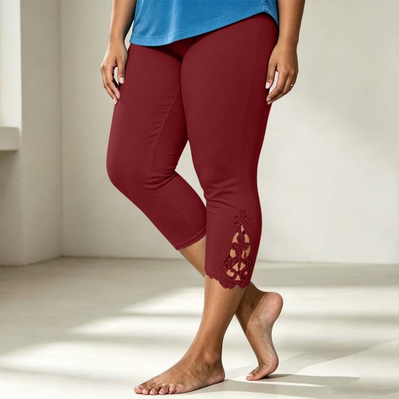 Asgosdo Women Plus Size Lace Hem Capri Leggings High Waist Stretch Solid Casual Cropped Pants