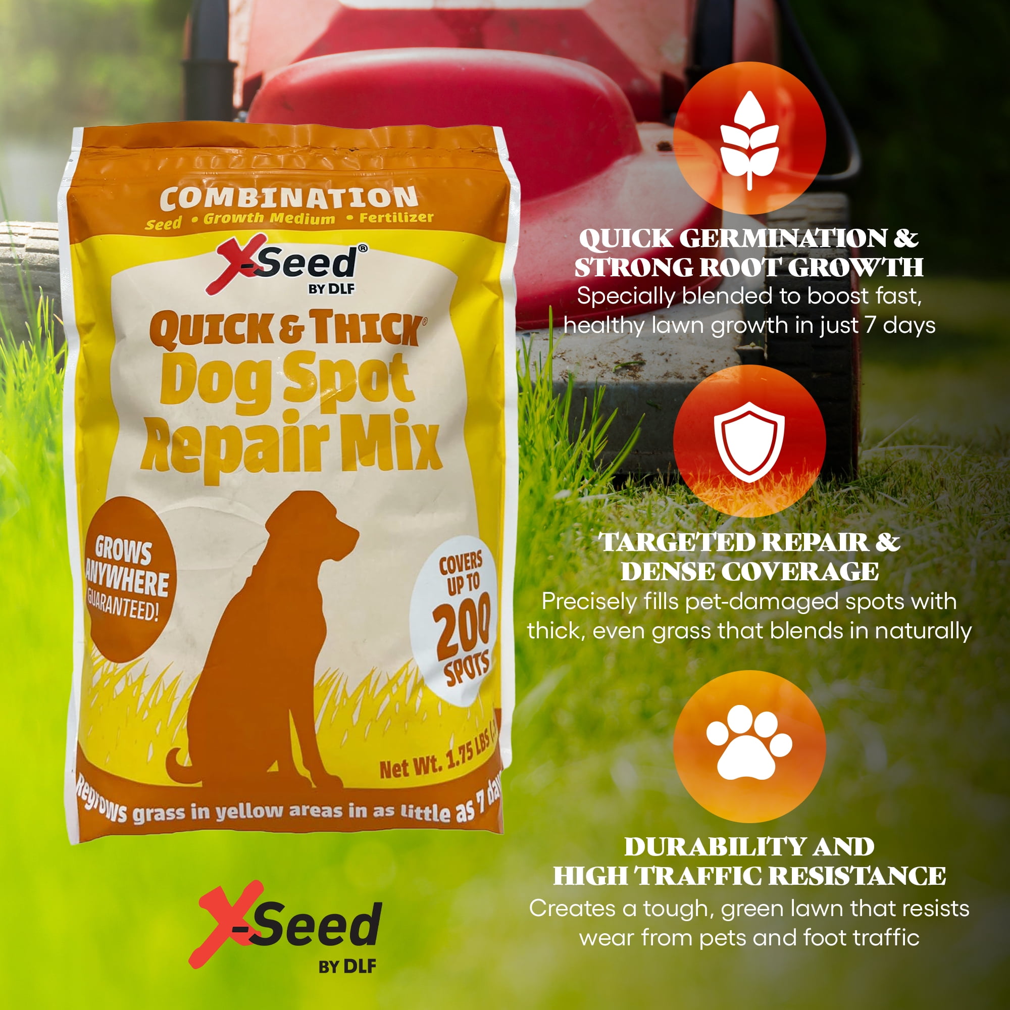 Quick & Thick Dog Spot Repair Grass Patch Repair for Lawn, Regrow Yellow Grass Areas Anywhere Quick, Pet Proof Grass Seeds for Lawn, Fertilizer & Natural Growth Medium - Up to 200 Spots 1.75 Pounds