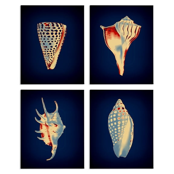 Stupell Industries Bright Shells on Indigo Nautical & Beach Painting Wrapped Canvas Art Print Wall Art, 14 x 11, Set of 4