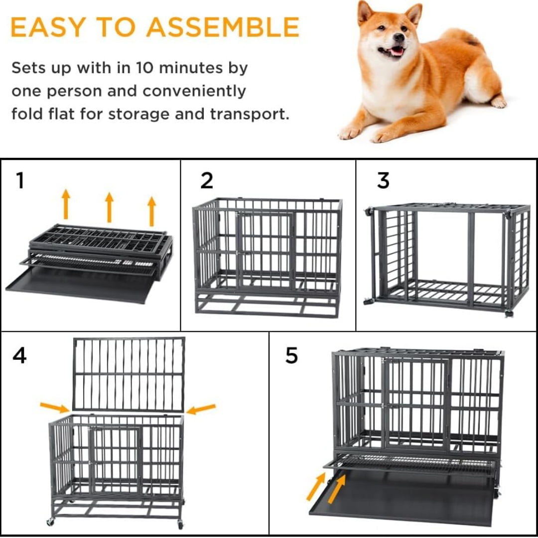 Heavy Duty Indestructible Dog Crate, Escape Proof Dog Cage with Double Door, Wheels & Removable Tray, Collapsible Dog Crates for Small Medium Large Dogs