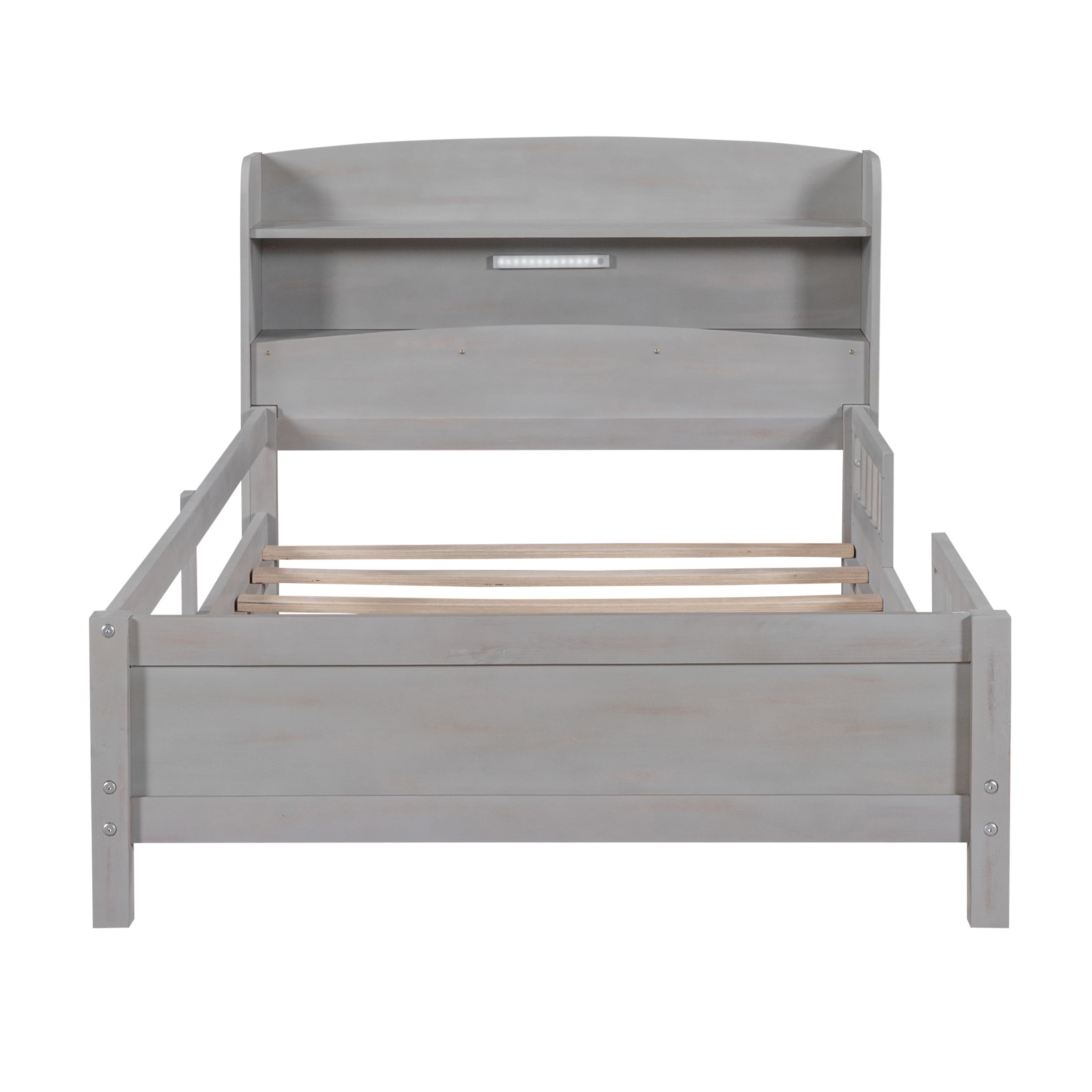 Noble House Twin Platform Bed with Built-in LED Storage Headboard and Safety Guardrails, Space Saving Design, Gray