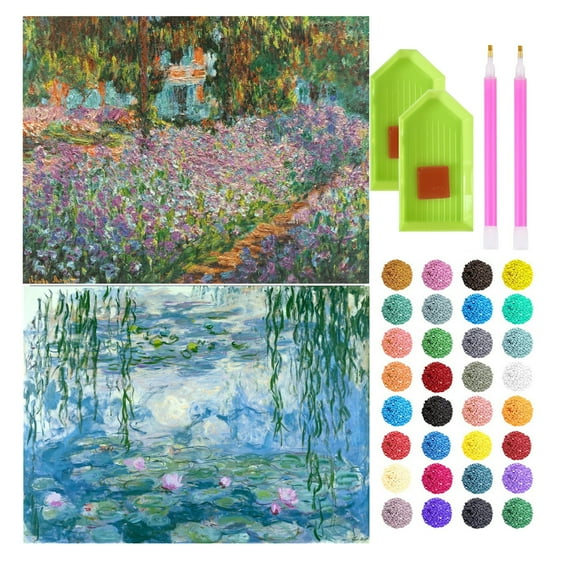 2-Pack 5D Diamond Painting Kits, Full Drill Monet Iris Garden & Water Lily Famous Diamond Paintings Collection for Home Wall Decor DIY, 12x16in