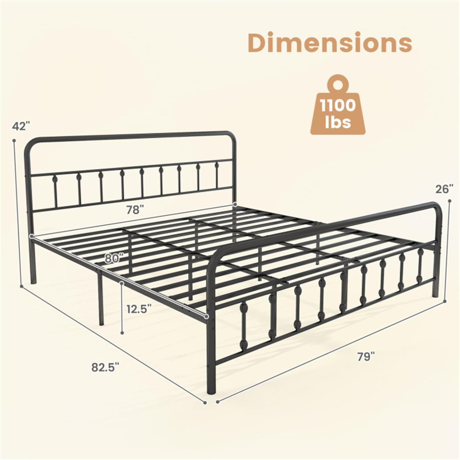 Demi Bonn King Size Bed Frame with Headboard, Metal Platform Bed Frame with Under Bed Storage, No Box Spring Needed, Black
