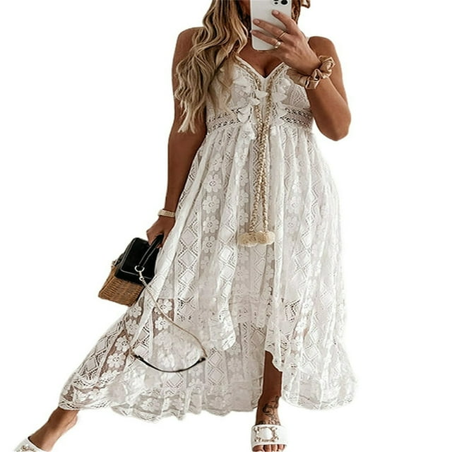 Femmes Boho Dentelle Maxi Midi Robe Été V-Cou Bretelles Spaghetti Floral Longues Robes Beachwear Sundress