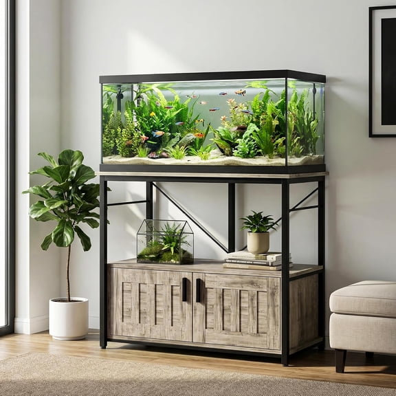 Heavy Duty 40-50 Gallon Aquarium Stand, Metal & Wood Fish Tank Storage Cabinet Supports 660lbs with Accessory Storage Space & Modern Home Organizer Design Gray
