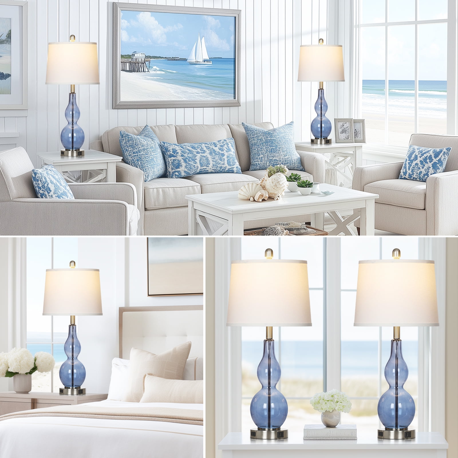 Cinkeda Coastal Table Lamps Set of 2 for Living Room Bedroom 28.5" Nautical Blue Glass Double Gourd 3 Way Dimmable Touch Control Bedside Nightstand Lamp with USB A+C Ports AC Outlet