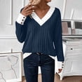 thumbnail image 2 of Sexlip Womens Contrast Trim Sweater V Neck Design Warm Fabric Relaxed Silhouette for Fall Outings Blue L, 2 of 7