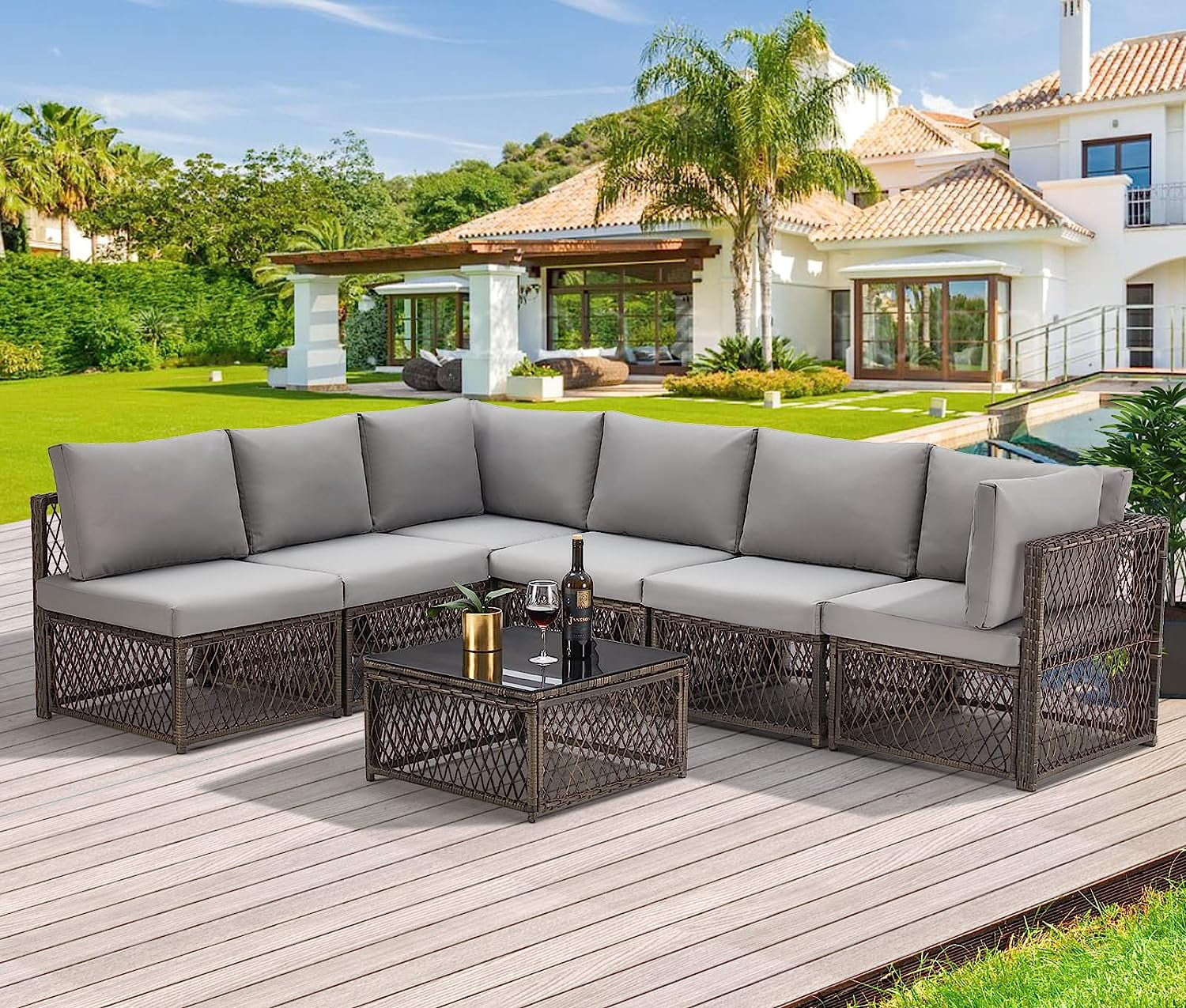 AECOJOY 7Piece Patio Furniture Set Rattan Wicker Sectional Sofa L