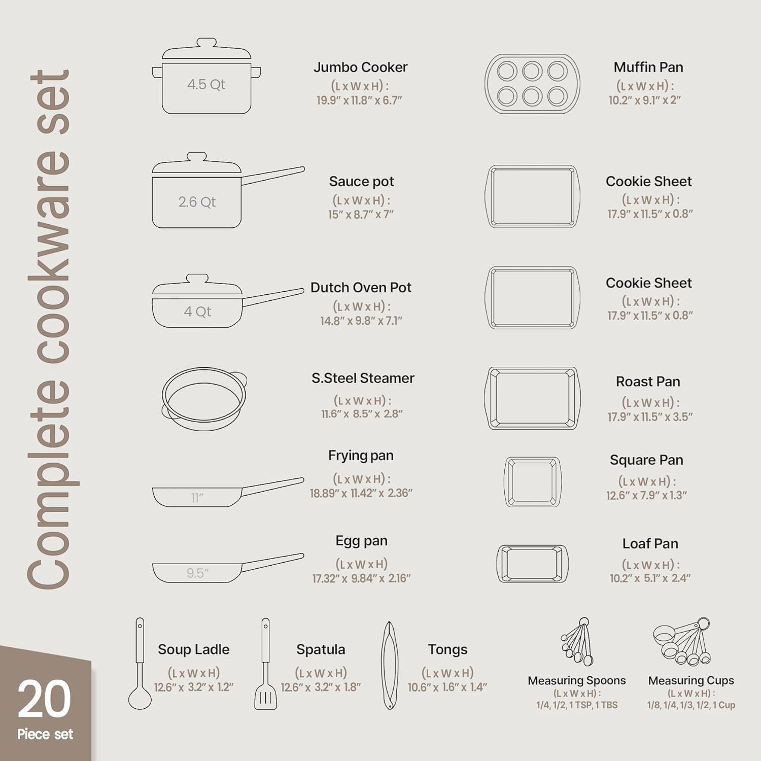 Bakken 20-Piece Kitchen Cookware Set – Granite Non-Stick – Eco-Friendly – for All Stoves & Oven-Safe - Marble coating
