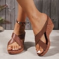 thumbnail image 2 of Rokment Women's Cork Footbed Wedges Dressy Slippers Sandals Stylish Casual Cross-Band Leather Platform Chunky Slip on High Heels Beach Summer Dress Slides Shoes Brown Size 9, 2 of 7