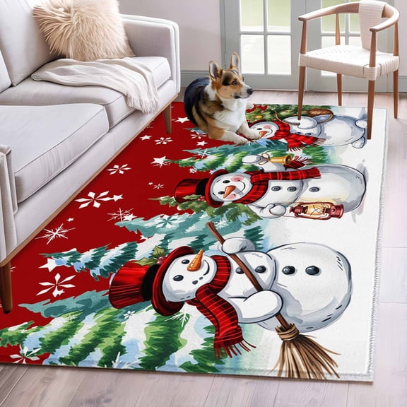 Red White Snowman Christmas Area Rug 4x6 Washable Rug Non Slip Xmas Tree Snowflake Winter Large Area Rug Indoor Floor Carpet for Entryway Bedroom Kitchen Living Room Home Office Dining Room Nursery