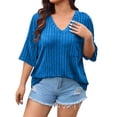 thumbnail image 4 of vdgthytj Womens Plus Size Tops Short Sleeve V-Neck Ribbed Knit Sweater Loose Fitted Summer Casual Tunic with Pocket, 4 of 7
