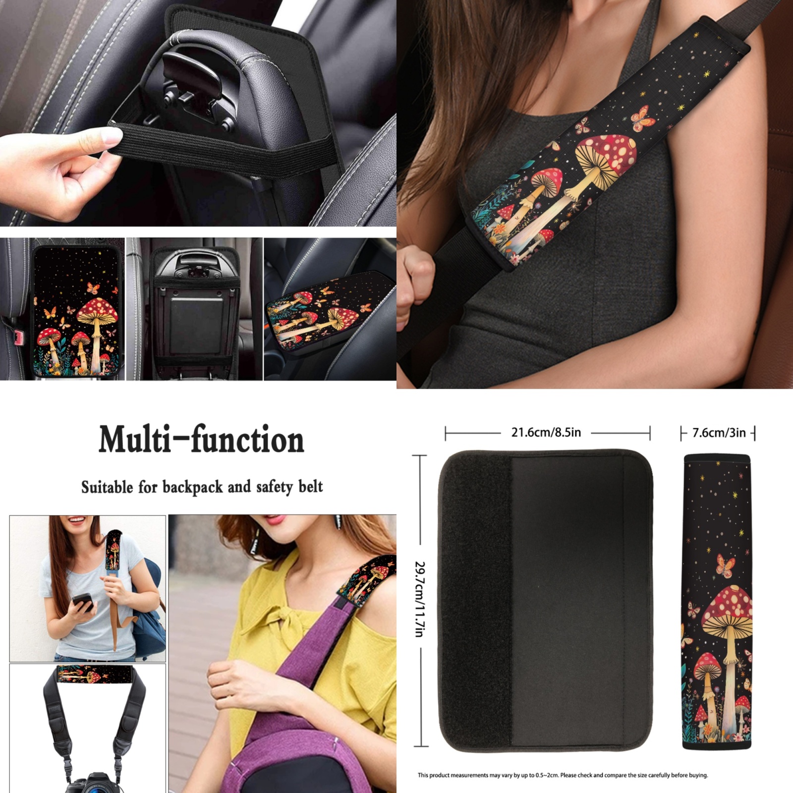 Yuyamidu Aesthetic Mushroom Car Seat Cover Set of 13 Butterfly Auto Interior Sets with Steering Wheel Cover Seat Belt Pad Armrest Cover Pad Cup Mat Key Chain