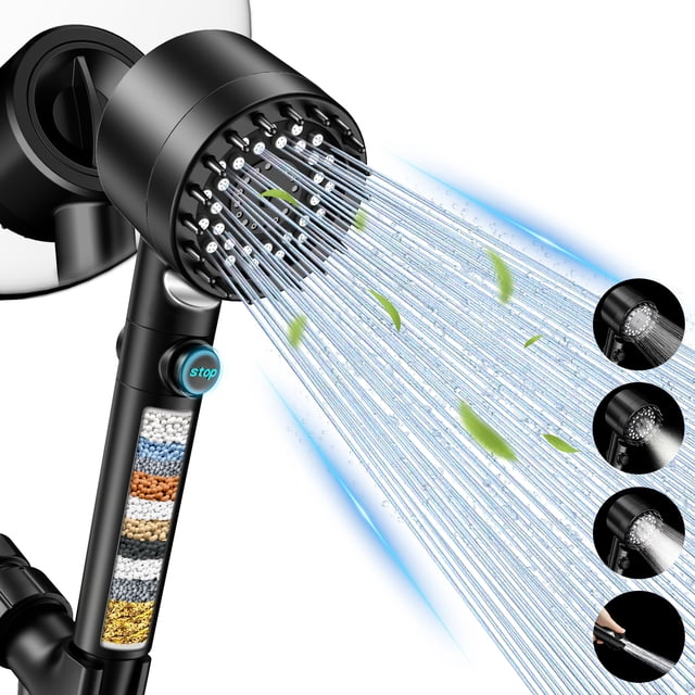 FEELSO Cabezal de regadera alta presión con teléfono de mano, cabezal filtrado 4 rociadores con boquillas antiobstrucción mejoradas p/agua dura, reduce piel seca y con picazón, negro