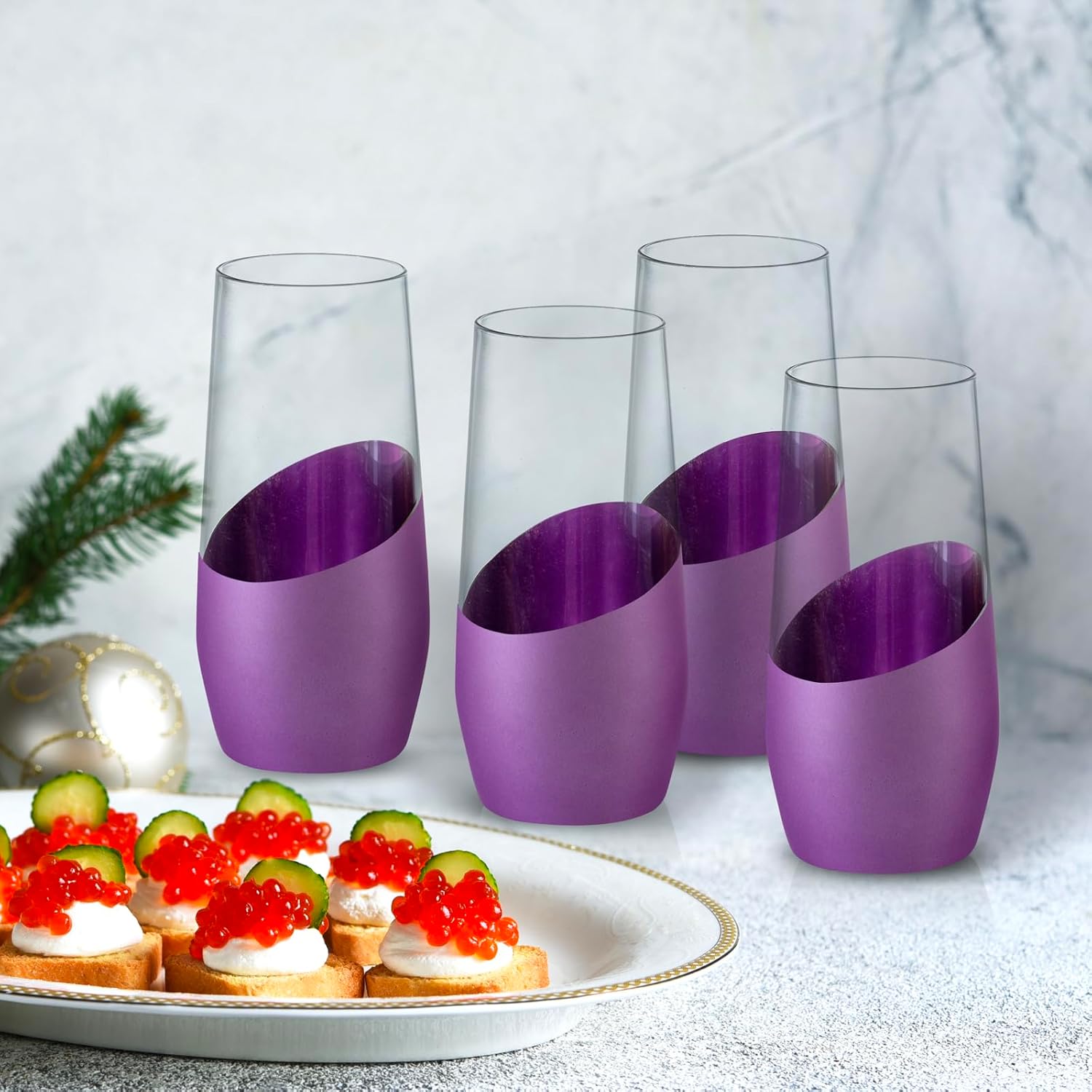 MyGift Set of 4 Purple and Gold Stemless Champagne Flutes 11 oz Modern Sparkling Wine Glasses Elegant Toasting Drinkware for Weddings Parties Home Bar Celebrations