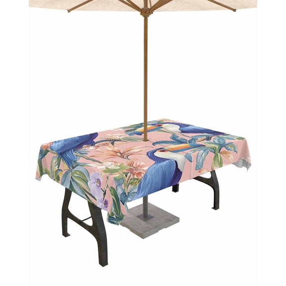 Hokiten Outdoor Tablecloths with Umbrella Hole & Zipper, Blue Parrot Tablecloth Rectangle 60x84 Inch, Retro Pink Garden Floral Boranical Leaves Waterproof Table Cloth, Patio/Pool/Picnic Table Covers