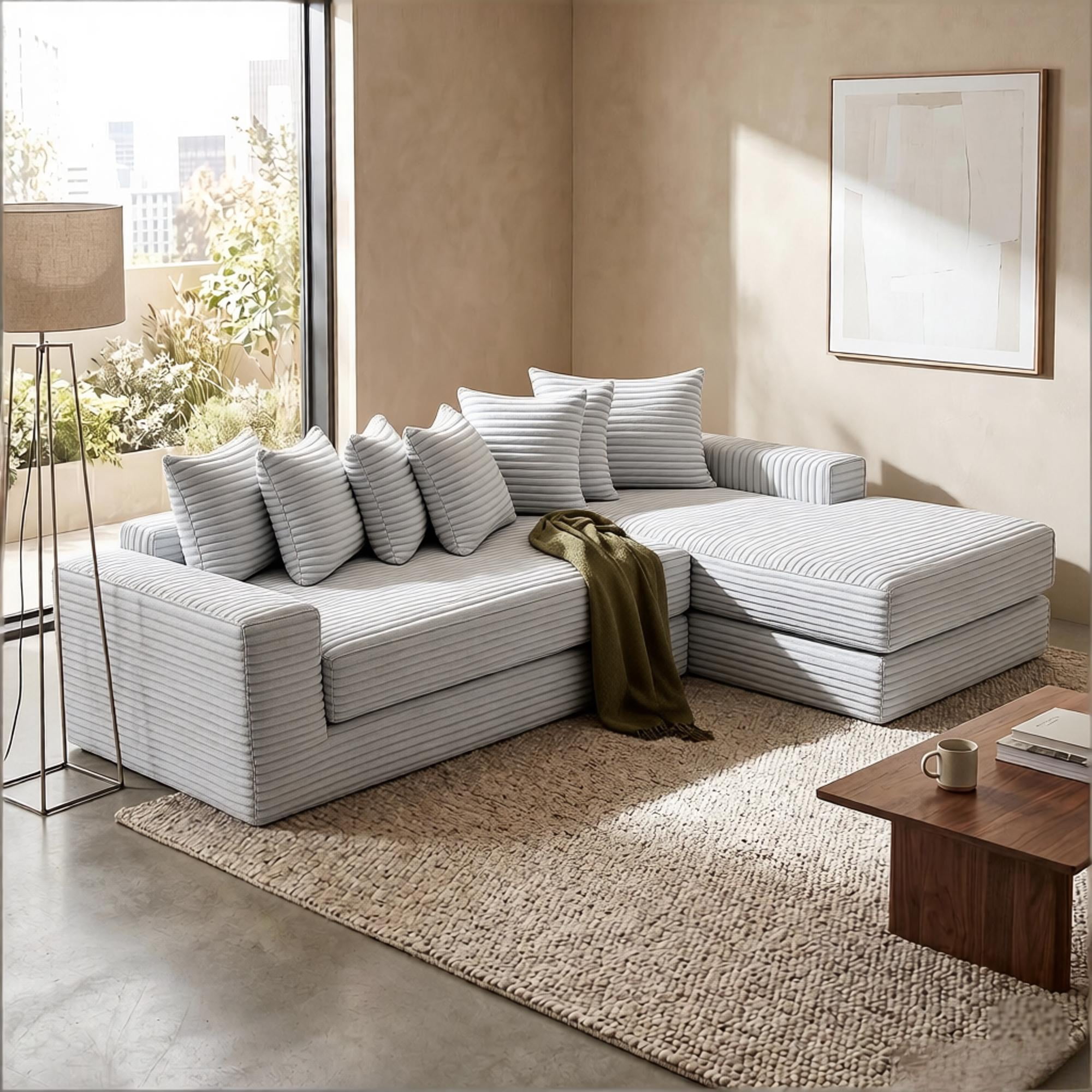 Howcool Modern L-Shaped Sectional Sleeper Sofa Oversized Cloud Couch 3-in-1 Convertible Floor Bed Corduroy with 8 Pillows